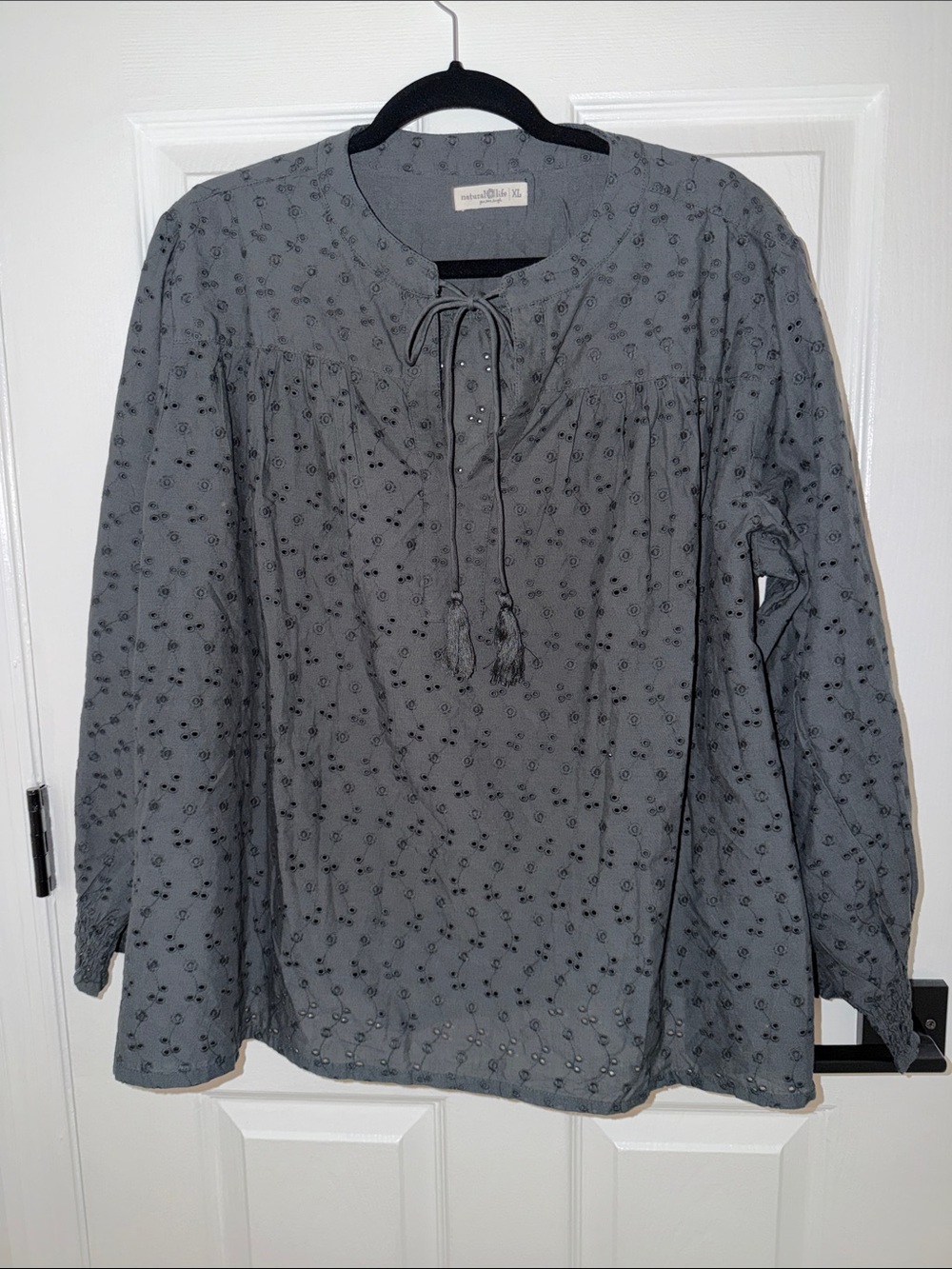 NATURAL LIFE Gray Embroidered Tie-Neck Peasant Blouse